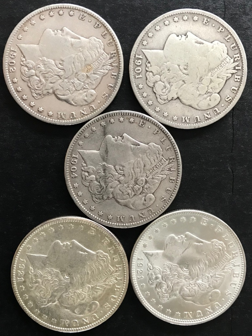 Lot of 5: Morgan Dollars, Circulated, 1901 - 1921, 90% Silver